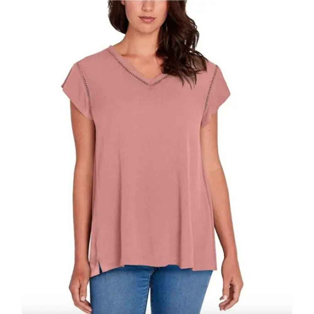 BUFFALO David Bitton Ladies Shirt Small V-Neck Top Pink Short Sleeve